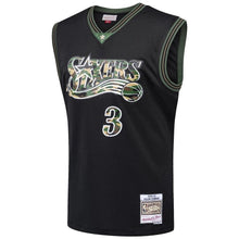 Load image into Gallery viewer, Men's Mitchell &amp; Ness Allen Iverson Black Philadelphia 7ers Straight Fire Camo Swingman Jersey  Black